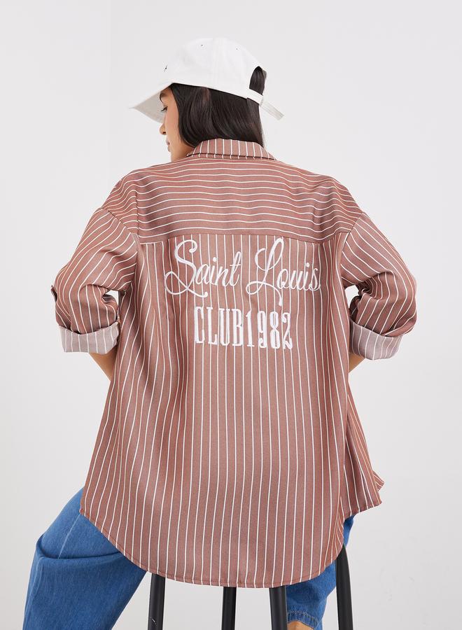Styli Brown Back Embroidered Striped Oversized Shirt - Image 5