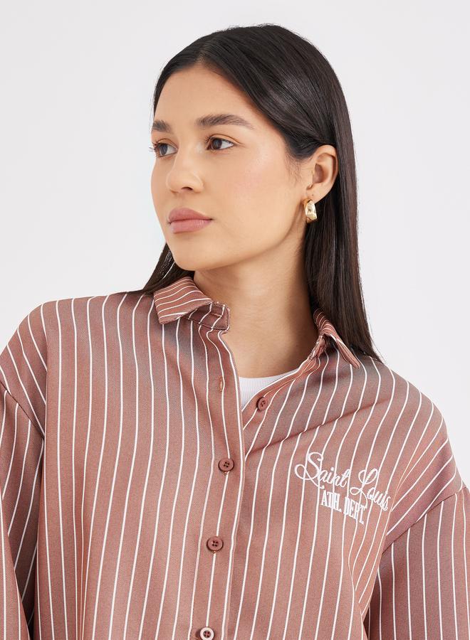 Styli Brown Back Embroidered Striped Oversized Shirt - Image 4
