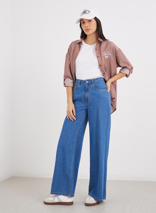 Styli Brown Back Embroidered Striped Oversized Shirt - Image 3