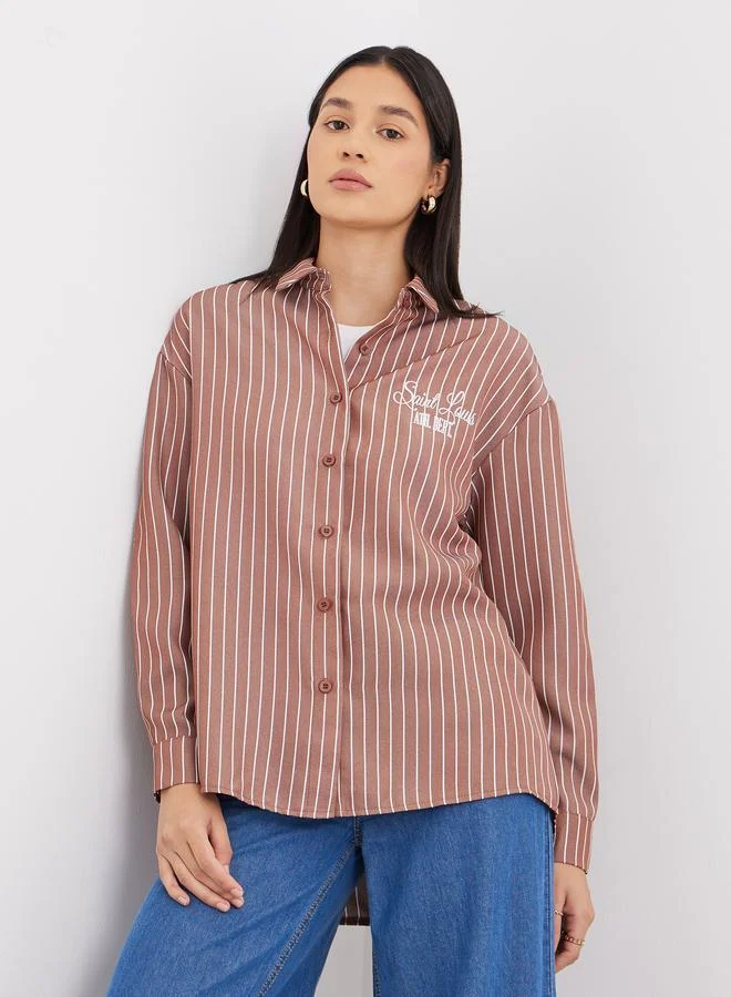 ستايلي Styli Brown Back Embroidered Striped Oversized Shirt