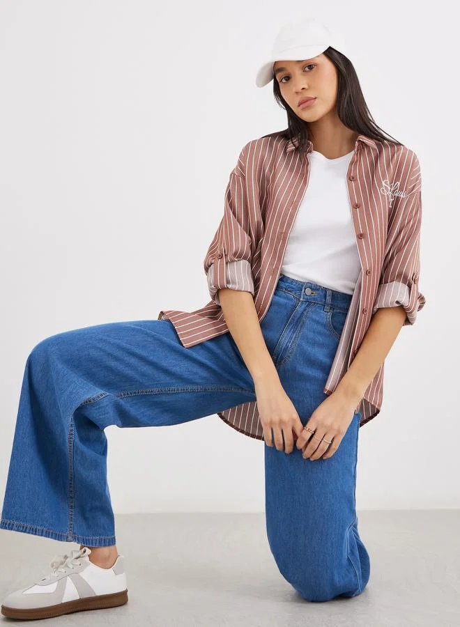 ستايلي Styli Brown Back Embroidered Striped Oversized Shirt