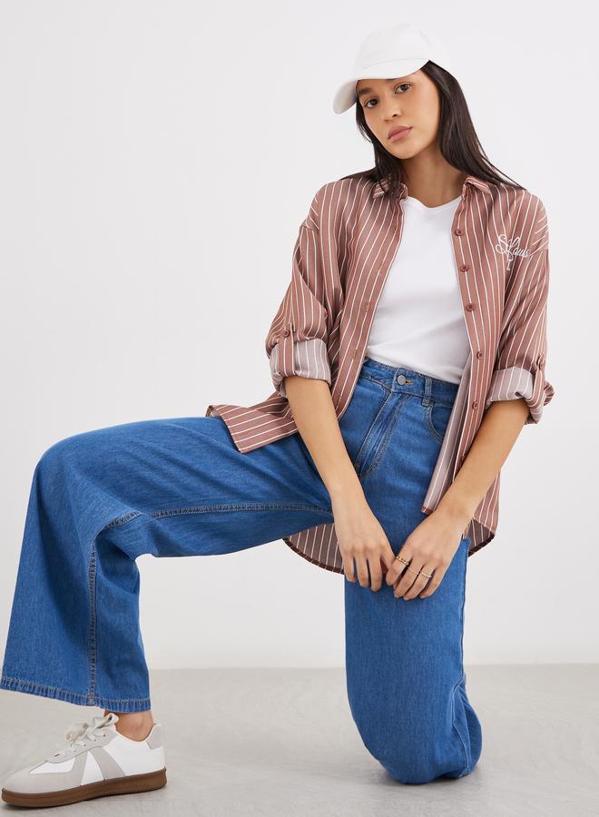 Styli Brown Back Embroidered Striped Oversized Shirt - Image 1
