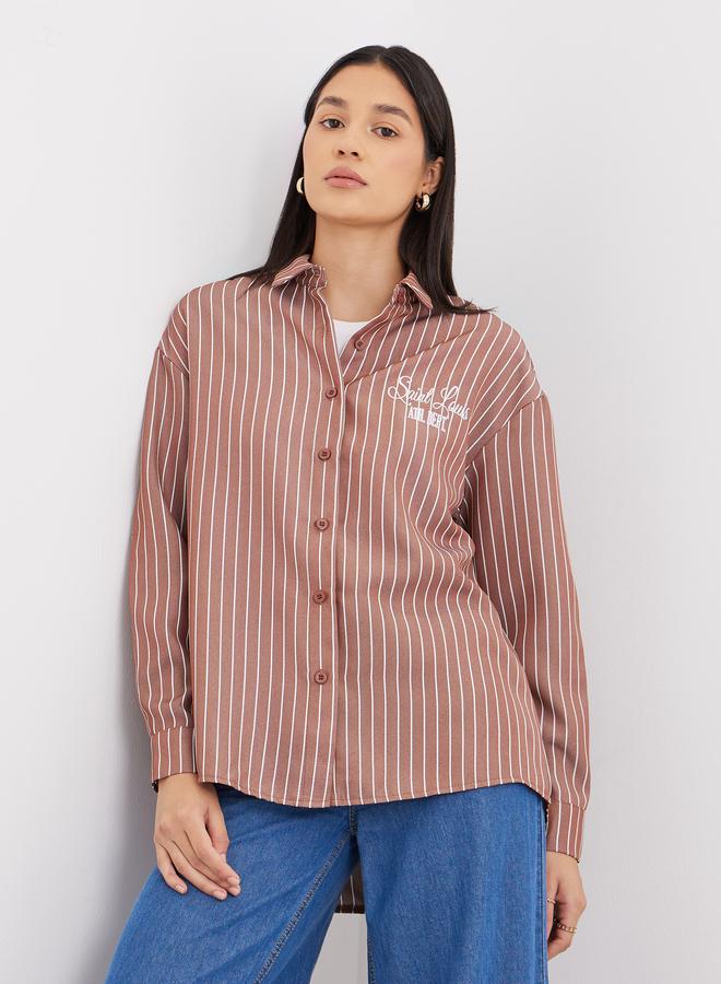 Styli Brown Back Embroidered Striped Oversized Shirt - Image 1
