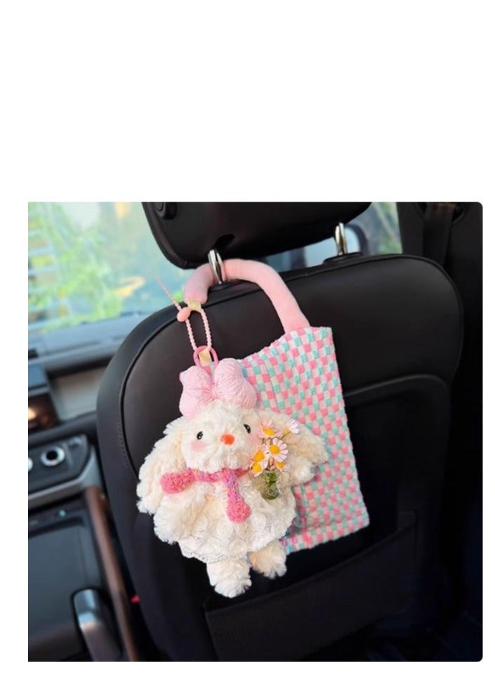 Cute Car Paper Towel Hanging Bag Car Paper Drawer Box - In car Seat Storage Suspended High end Doll - Embracing Flower Butterfly Knot Rabbit+Pink Paper Towel Hanging Bag - Image 1
