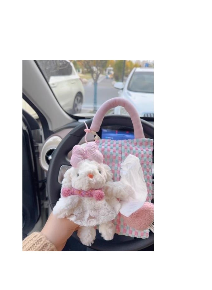 Cute Car Paper Towel Hanging Bag Car Paper Drawer Box - In car Seat Storage Suspended High end Doll - Embracing Flower Butterfly Knot Rabbit+Pink Paper Towel Hanging Bag - Image 4
