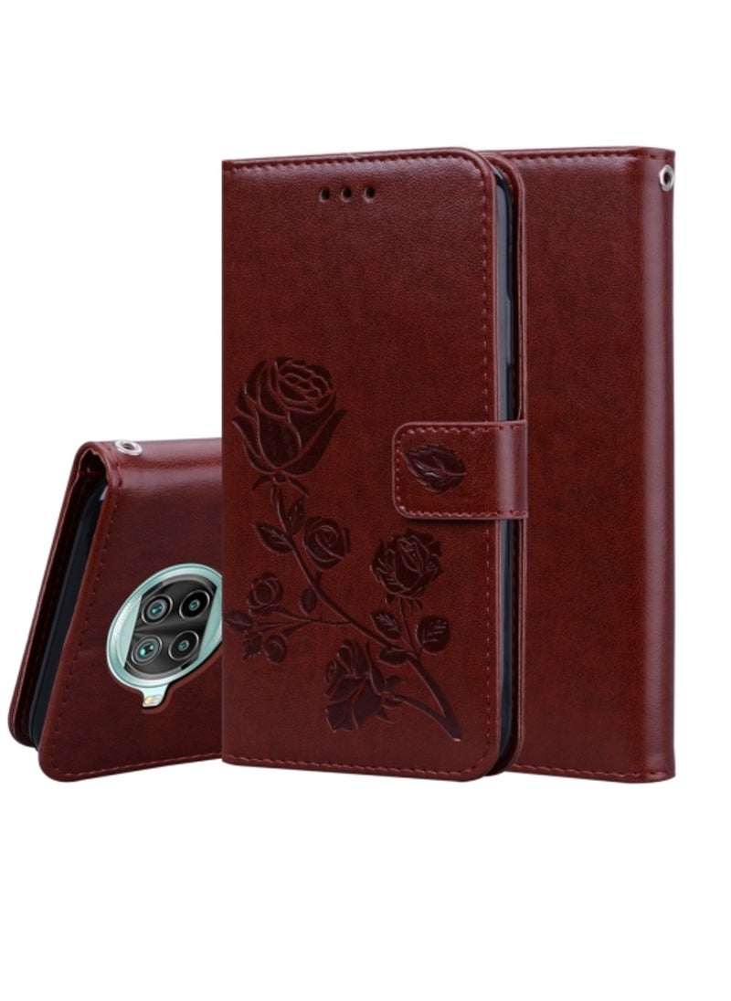 Generic Case For Xiaomi Mi 10T Lite 5G Rose Embossed Horizontal Flip PU Leather Cover with Holder Card Slots Wallet Brown  - Image 1