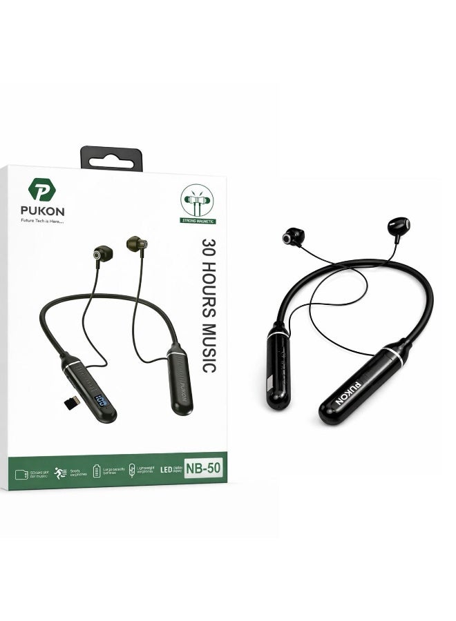 PUKON NB-50 Wireless Bluetooth Neckband Earphones with 30 Hours Playtime, LED Display, Magnetic Sports Design, TF Card Support – 1 Year Replacement Warranty - Image 3