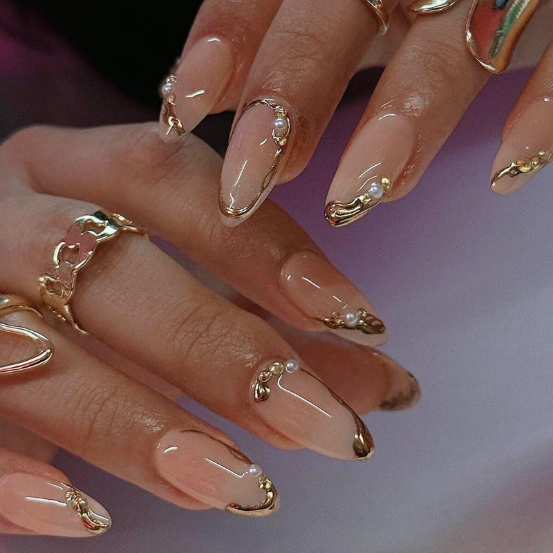 CTTHNBD Press on Nails Almond - French Tip Fake Nails with Gold Line Design - Medium Fasle Nails Press ons - for Women 24 Pcs - Image 1
