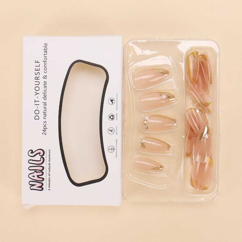 CTTHNBD Press on Nails Almond - French Tip Fake Nails with Gold Line Design - Medium Fasle Nails Press ons - for Women 24 Pcs - Image 4