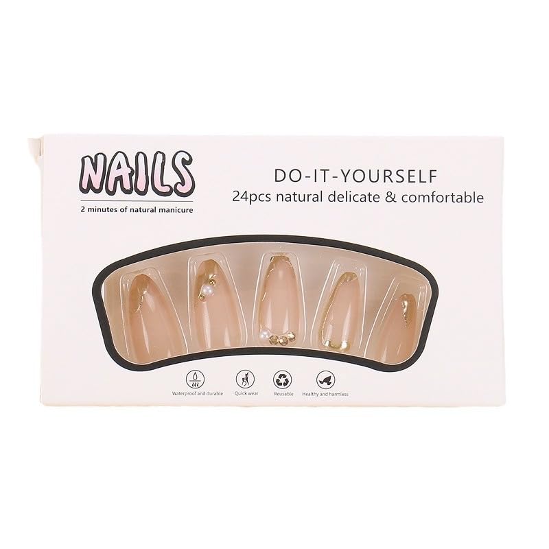 CTTHNBD Press on Nails Almond - French Tip Fake Nails with Gold Line Design - Medium Fasle Nails Press ons - for Women 24 Pcs - Image 5