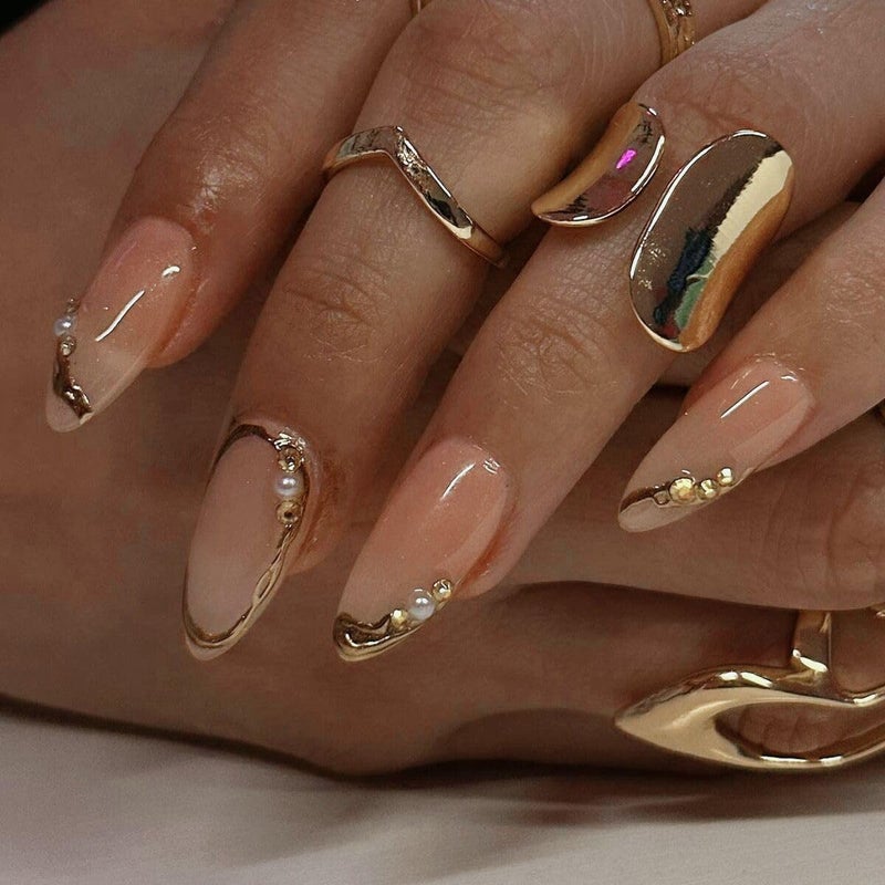 CTTHNBD Press on Nails Almond - French Tip Fake Nails with Gold Line Design - Medium Fasle Nails Press ons - for Women 24 Pcs - Image 2