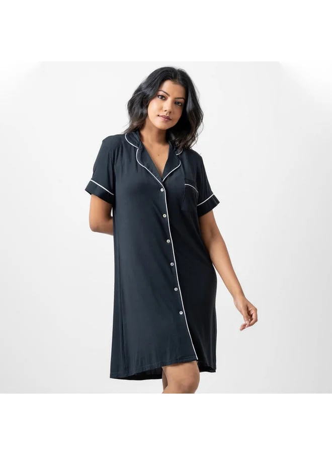 Aadaraya Aadaraya Solid Sleepshirt with Short Sleeves and Chest Pocket