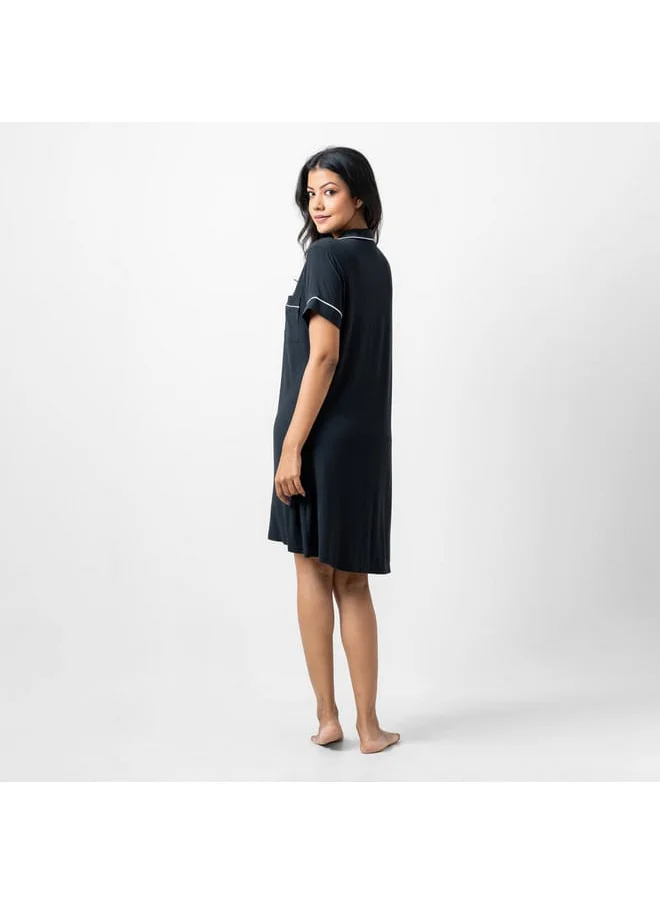 Aadaraya Aadaraya Solid Sleepshirt with Short Sleeves and Chest Pocket
