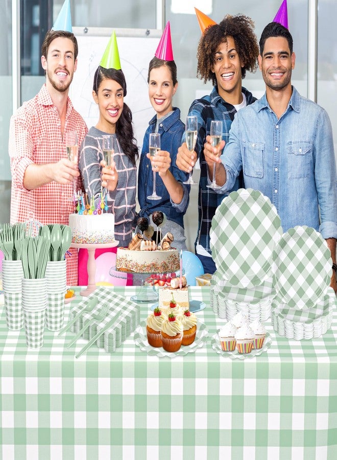 WNINK 350 PCS Sage Green Gingham Plates and Napkins, Green Checkered Disposable Plates Set with Napkins Cups Plastic Spoons Forks Knives for Dinner Birthday Baby Shower Wedding Supplies Serve 50 Guests - Image 3