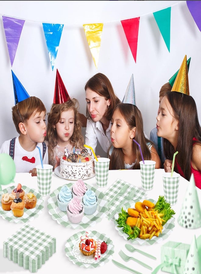 WNINK 350 PCS Sage Green Gingham Plates and Napkins, Green Checkered Disposable Plates Set with Napkins Cups Plastic Spoons Forks Knives for Dinner Birthday Baby Shower Wedding Supplies Serve 50 Guests - Image 2