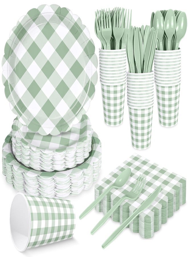 WNINK 350 PCS Sage Green Gingham Plates and Napkins, Green Checkered Disposable Plates Set with Napkins Cups Plastic Spoons Forks Knives for Dinner Birthday Baby Shower Wedding Supplies Serve 50 Guests - Image 1