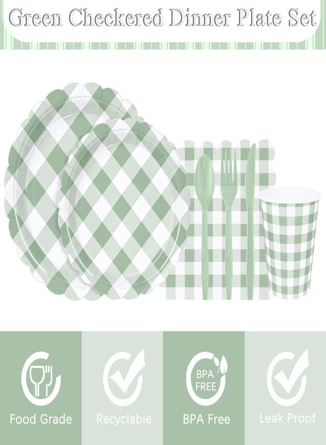 WNINK 350 PCS Sage Green Gingham Plates and Napkins, Green Checkered Disposable Plates Set with Napkins Cups Plastic Spoons Forks Knives for Dinner Birthday Baby Shower Wedding Supplies Serve 50 Guests - Image 5