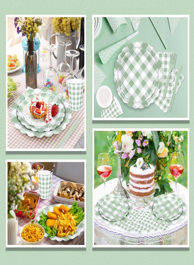 WNINK 350 PCS Sage Green Gingham Plates and Napkins, Green Checkered Disposable Plates Set with Napkins Cups Plastic Spoons Forks Knives for Dinner Birthday Baby Shower Wedding Supplies Serve 50 Guests - Image 4