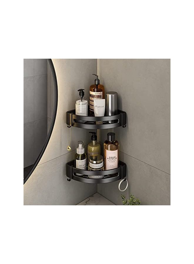 No Drilling Corner Shower Caddy,Self-Adhesive Bathroom Shelves Aluminum Rustproof Corner Shower Organizer for Bathroom, Toilet Kitchen and No Drill with Two Hooks (Black) - Image 2