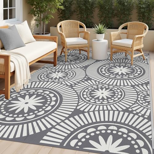 Ileading Reversible Plastic Outdoor Rug Modern Geometric Style Patio Straw Mat Waterproof Deck Carpets Non Shedding Portable Area Rugs for RV Beach Backyard Outside Pool Picnic Camping6x9Grey - Image 1
