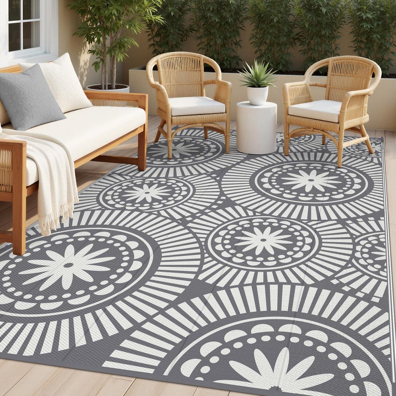 Ileading Reversible Plastic Outdoor Rug Modern Geometric Style Patio Straw Mat Waterproof Deck Carpets Non Shedding Portable Area Rugs for RV Beach Backyard Outside Pool Picnic Camping6x9Grey - Image 2