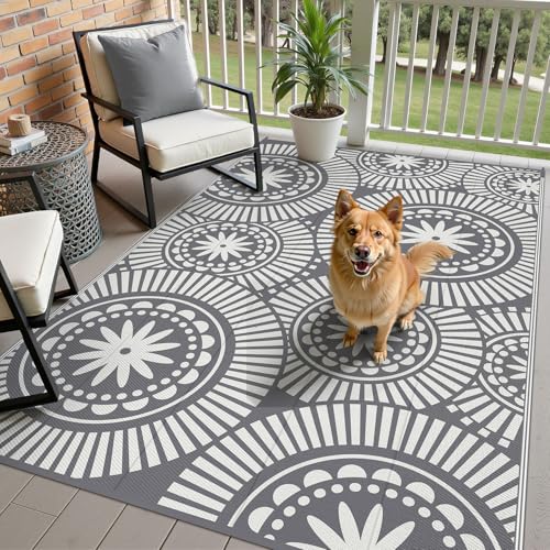 Ileading Reversible Plastic Outdoor Rug Modern Geometric Style Patio Straw Mat Waterproof Deck Carpets Non Shedding Portable Area Rugs for RV Beach Backyard Outside Pool Picnic Camping6x9Grey - Image 3