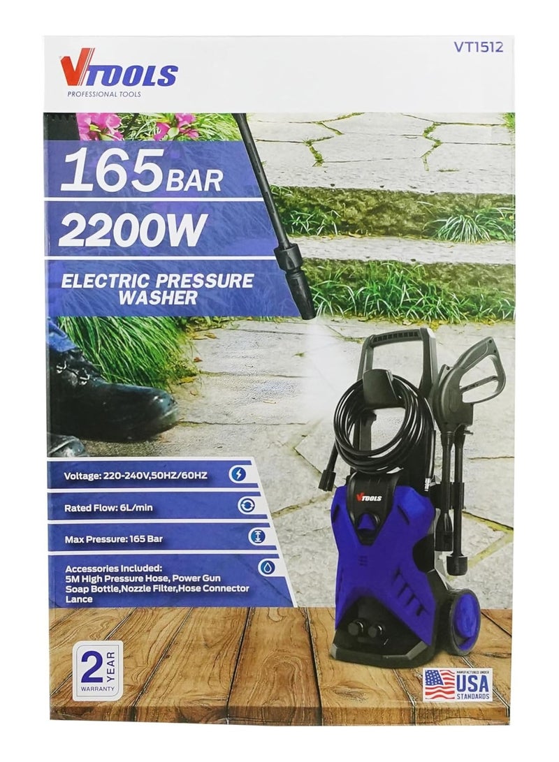 VTOOLS 220-240V 165 Bar Electric Pressure Washer With 2 Wheels, Meter Hose & Soap Dispenser, 2200 Watt, Auto Stop and Self Priming Mode, For Car, Home & Garden, , - Image 4