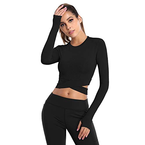 DREAM SLIM Women Long Sleeve Crop Tops Tummy Cross Crewneck Yoga Running Shirts Gym Workout Crop Tops with Thumb Holes (Black Long, L) - Image 1