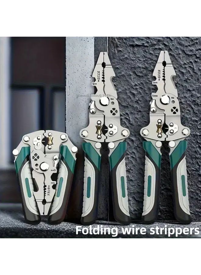 Green Heavy Duty Folding Wire Stripper Tool Crimping Cutting Stripping Pliers - Image 2