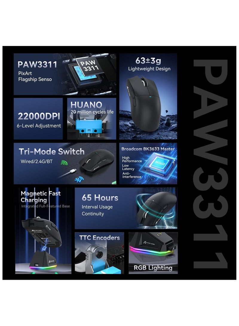 ATTACK SHARK X11 Gaming Mouse with Magnetic Charging Dock, PixArt PAW3311 Gaming Sensor, BT/2.4G Wireless/Wired Gaming Mouse, 22000 DPI, Office Mice Gamer Mice for Win11/Xbox/PS/Mac (Black) - Image 3