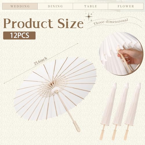 MBJZSL 12 Pack White Paper Umbrellas, 23.6 Inch Paper Parasol Umbrella Chinese Japanese Style DIY Umbrellas Decorative Vintage Decor for Wedding Props - Image 2