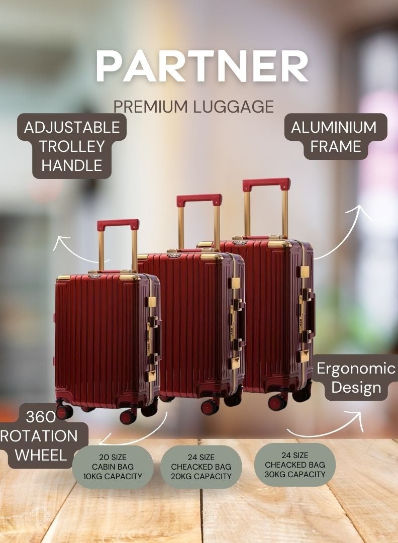 PK 3 PCS TROLLEY LUGGAGE ALUMINUM FRAME POLY CARBON MATERIAL, LUGGAGE SUITCASE SET AND CABIN LUGGAGE BAG SET WINE COLOUR - Image 1