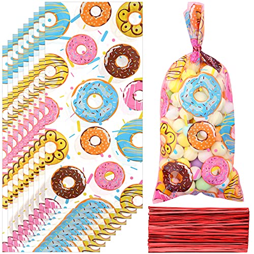 PerKoop 100 Pieces 5 x 11 Inches Donut Candy cellophane Bags Sweet Doughnut Treat favor Goodie Bags with 150 Pieces Twist Ties for candy Birthday Party Baby Shower Decoration Supplies - Image 1