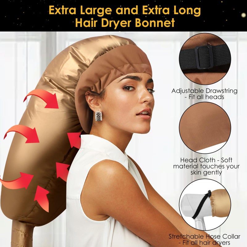 TEPENAR Hair Dryer Bonnet Attachment: Upgraded Extra Large Hooded Dryer Adjustable Hair Dryer Caps - Easy to Use for Natural Curly Textured Hair Care Styling Fast Drying - Gold - Image 2