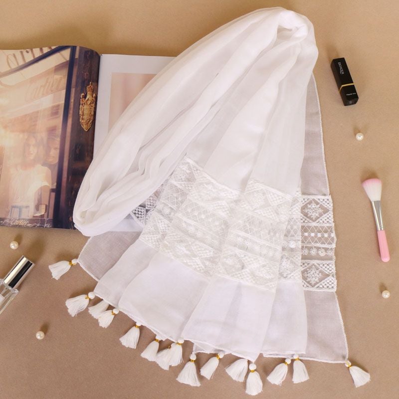 Chic Lace Tassel Scarf Solid Color Womens Shawl 1# White - Image 2