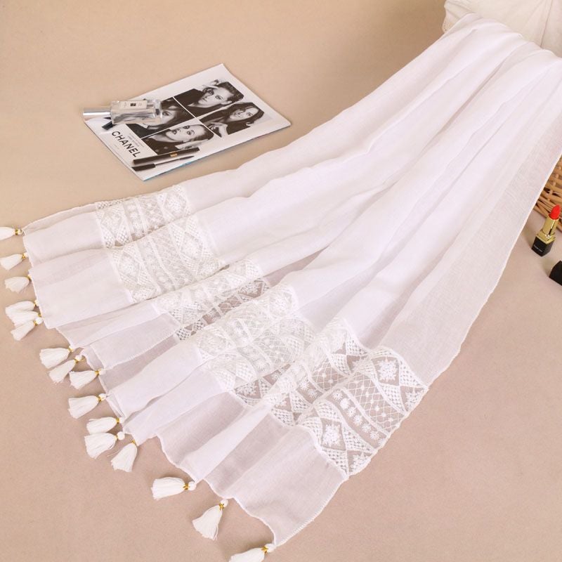 Chic Lace Tassel Scarf Solid Color Womens Shawl 1# White - Image 1