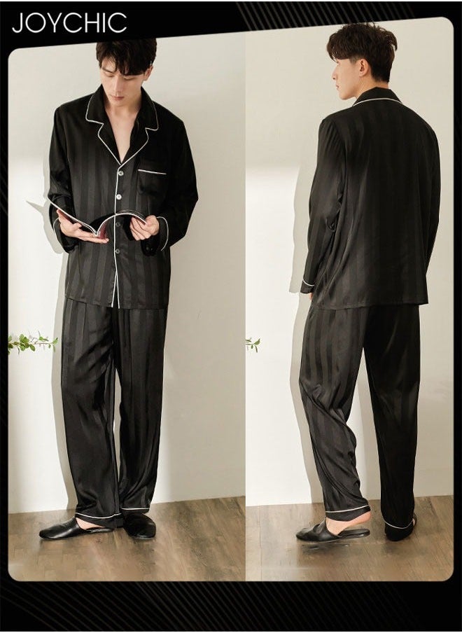 NIBEMINENT - New Style Solid Pattern Laple Pajamas for Men Spring and Autumn Long-sleeved Trousers with High Stretch Ice Silk Youth Comfortable Breathable Home Sleepwear Loungewear Black - Image 1