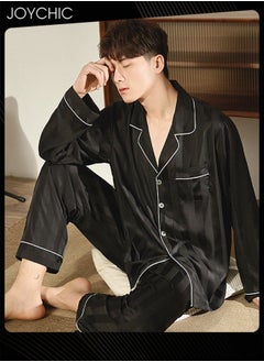 New Style Solid Pattern Laple Pajamas for Men Spring and Autumn Long-sleeved Trousers with High Stretch Ice Silk Youth Comfortable Breathable Home Sleepwear Loungewear Black