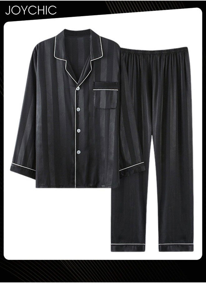 NIBEMINENT - New Style Solid Pattern Laple Pajamas for Men Spring and Autumn Long-sleeved Trousers with High Stretch Ice Silk Youth Comfortable Breathable Home Sleepwear Loungewear Black - Image 1