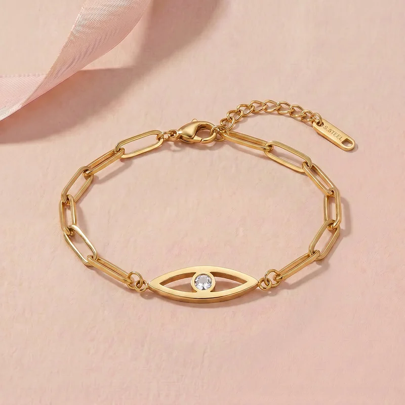 Palmonas PALMONAS Evil Eye Paperlink Chain Bracelet for Women | 18K Gold Plated, Waterproof & Anti-Tarnish