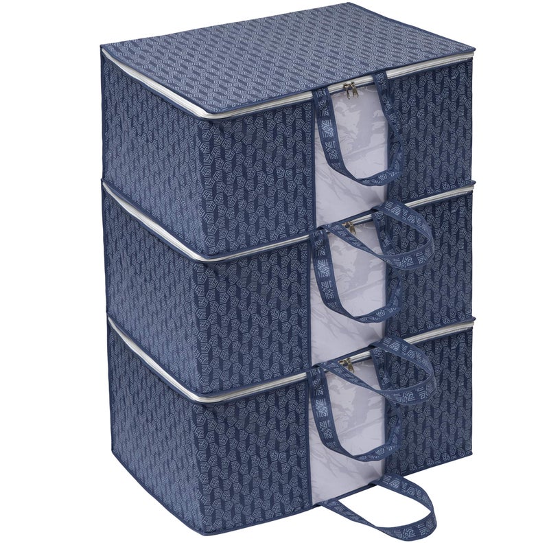 HomeStrap Printed Rectangular Underbed Storage Bag/Organizer/Blanket Cover with Front Handle (Navy Blue) Pack of 3 - Image 1
