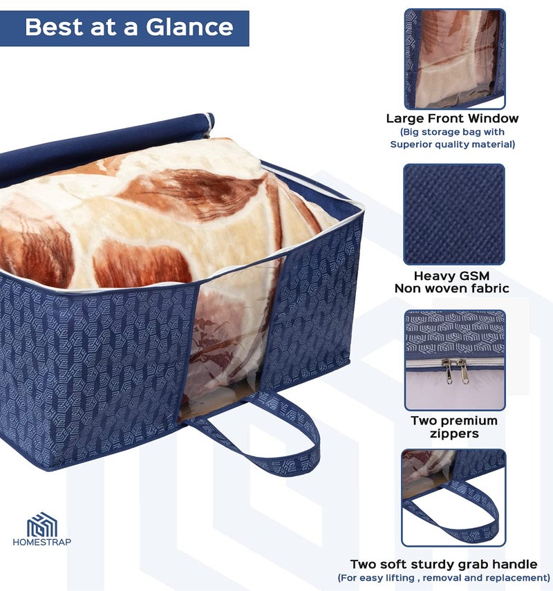 HomeStrap Printed Rectangular Underbed Storage Bag/Organizer/Blanket Cover with Front Handle (Navy Blue) Pack of 3 - Image 4