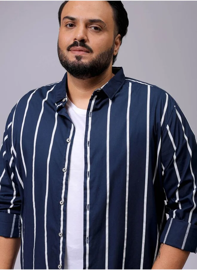 هاردسودا Men Plus Size Regular Fit Vertical Striped Cutaway Collar Full Sleeves Casual Shirt