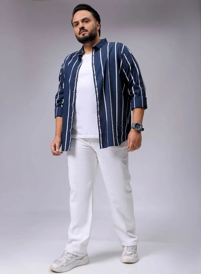 HARDSODA Men Plus Size Regular Fit Vertical Striped Cutaway Collar Full Sleeves Casual Shirt