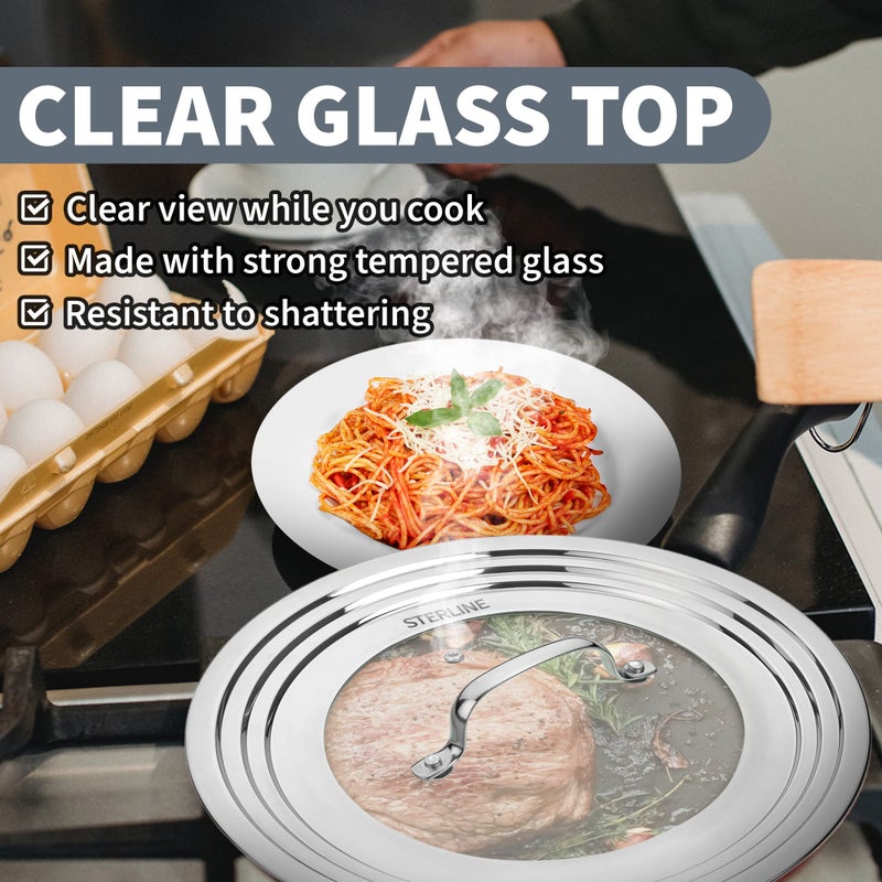 Sterline Universal Lids Set with Tempered Glass Top - Fits 5-12 Inch Pots, Pan, and Skillets - Set of 2, Large and Small, Stainless Steel Replacement Pot Lid for Kitchen Organizing, Space Saving - Image 4