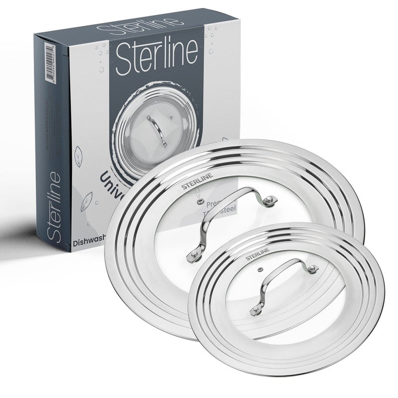 Sterline Universal Lids Set with Tempered Glass Top - Fits 5-12 Inch Pots, Pan, and Skillets - Set of 2, Large and Small, Stainless Steel Replacement Pot Lid for Kitchen Organizing, Space Saving - Image 1