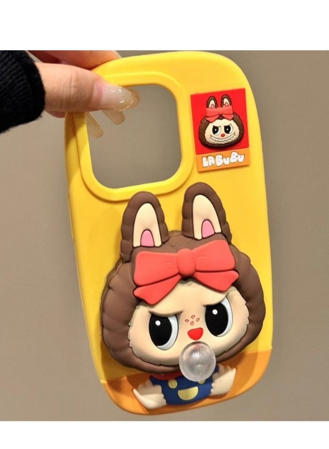 وحش فقاعة ثلاثي الأبعاد لطيف مع أسنان لهاتف I phone14/15 pro max جراب هاتف محمول من السيليكون - أصفر - Image 1