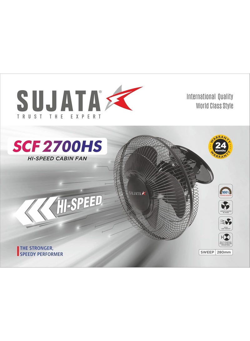 Sujata Cabin Fan | 2 Year Warranty | 280 mm, 2300 RPM Motor | 100% Copper Winding Motor | High Speed Cabin Fan, Compact Multi Purpose Fan for Wall Mounted and Ceiling Use (SCF2700 HS Black) - Image 2