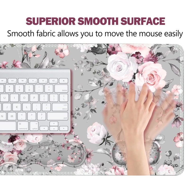 ARTSO Upgraded Extended Gaming Mouse Pad, Keyboard Wrist Rest Pad, Wrist Support Mousepad Set, Artso Large Stable Rubber Base Stitched Edges, Multifunctional Desk Pad (35 x15.5 in) for Work, Game, Grey Rose - Image 3