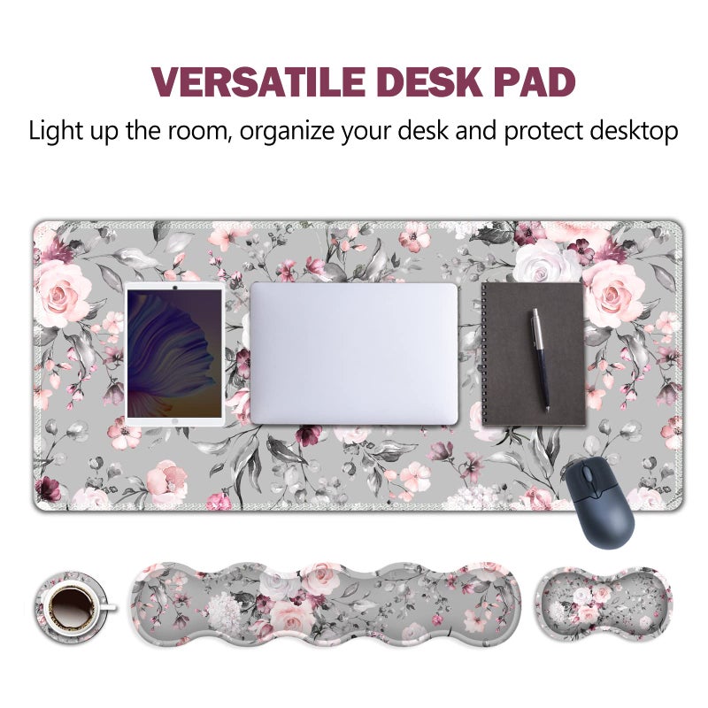 ARTSO Upgraded Extended Gaming Mouse Pad, Keyboard Wrist Rest Pad, Wrist Support Mousepad Set, Artso Large Stable Rubber Base Stitched Edges, Multifunctional Desk Pad (35 x15.5 in) for Work, Game, Grey Rose - Image 2